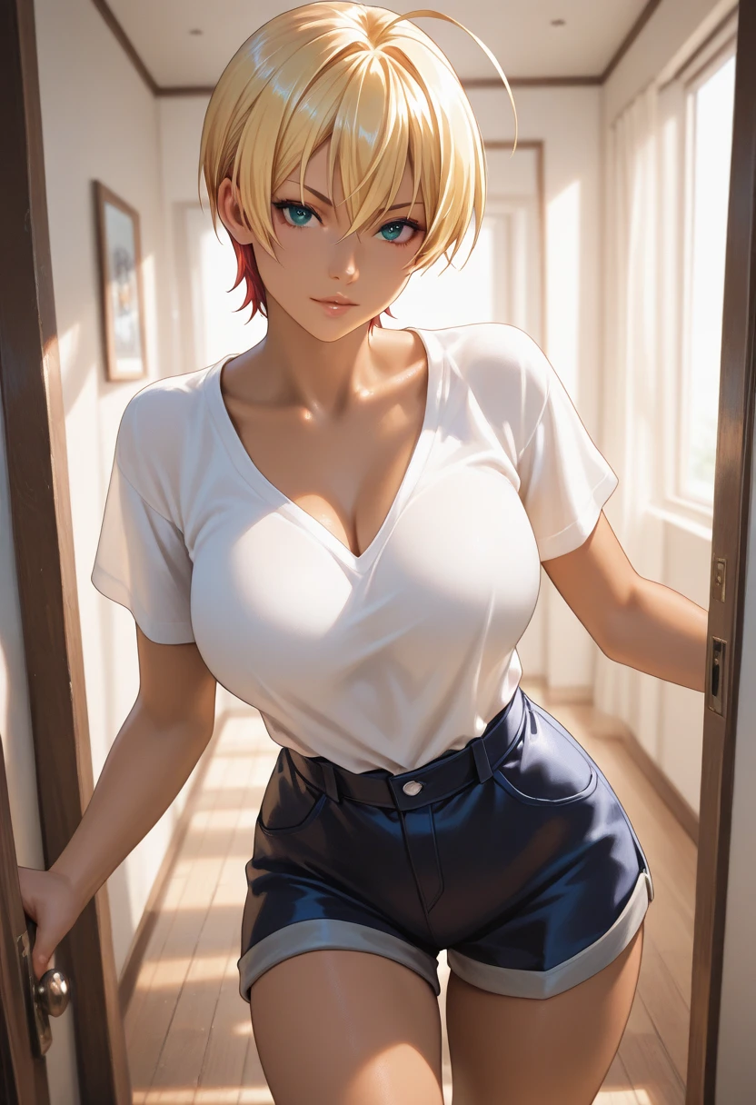 (highest quality、8k、32K、masterpiece)、(realistic)、(Photoreal:1.2)、(High resolution)、Super detailed、very beautiful face and eyes、1 girl、round and small face、thin waist、delicate body、(close、highest quality、high detail、rich skin details)、(highest quality、8k、oil paint:1.2)、Super detailed、(realistic、realistic:1.37)、bright colors、(((blonde)))、(((bust shot)))、(((short hair)))、(((pure white wall background)))、(((pure white wall background)))、(((She has a happy expression)))、(((I&#39;laughing)))、(((wearing a red t-shirt)))、(((This is a T-shirt with English written on the chest.)))、(((look straight ahead)))、(((blondeです)))、(((It&#39;golden hair)))、(((the skirt is short)))、(((teeth visible)))、(((Hands are above the head)))、
