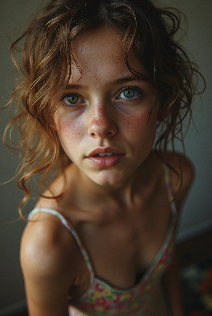 (One lady)、"Full length portrait of attractive 7 year old girl with curly hay colored hair, Hairstyles in the late 80s, small freckles, Beautiful face, Seductive dark blue eyes, and moderate breast size, Show off your natural beauty."