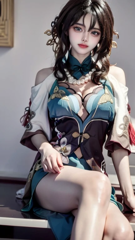 (((Masterpiece))), 4k resolution, Highly detailed, (((Very detailed eyes))), Detailed background, Cinematic lighting, crystal clear eyes, high quality, high resolution, Ultra detail, 8k, Best quality, masterpiece, High resolution, Best quality, 1girl solo, kamisato_ayaka, sitting, from above, looking at the audience, light smile, wading, wet hair, evening, poolside, Japanese onsen
