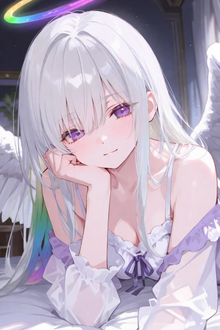 ,Long wavy hair that reaches the knees,White hair is very attractive, Detailed and precise manual work, Attractive girl, White cat ears,Purple eyes and white eyelashes,Big angel wings,A subject that stands out against the dark night sky, White Dress, 