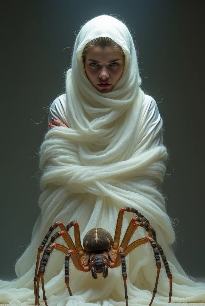 web silk, trapped, fear in her eyes, dimly lit, surreal, dark fantasy, eerie atmosphere, hauntingly beautiful, intricate details, delicate strands, intricate patterns, cobweb-covered surroundings, ethereal lighting, otherworldly, intricate spiderweb design, enigmatic, mysterious allure. (best quality,highres), (dark fantasy:1.2), (ethereal:1.1), (haunting:1.1), (intricate:1.2), (eerie:1.1), (surreal:1.1), (detailed:1.1)