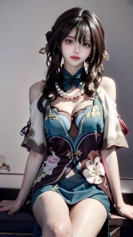 ((knee shot)), Satellite view, Bird's eye view, ((actual)), 1 Asian female model, A young girl, (closeup cleavage), (Lie down in bed, Cross ed leg), Pleasing posture, Various postures attract attention, Flirting skirts, detailed scene, slender leg, curlies, hair pin, beautiful hair ornaments, Brownish-yellow hair, light make-up, blush blush, gloss on the lips, (Hanfu), ((White flower hanfu, draped in silk, DEEP-V COLLAR, high-waist, nice belt)), (white colors, in pink, purpleish color, cyan colors), ((warmly lit, Warm color palette)), (Extremely high color saturation), detailed detail, ultra - detailed, (tmasterpiece, Best quality), (An extremely delicate and beautiful work), elaborate earrings, delicatenecklace, simple blurr background, Extremely detailed description, Ultra-fine painting, s delicate face, slim toned body, Slimming the waist, (happy grin), (Anatomical correct)