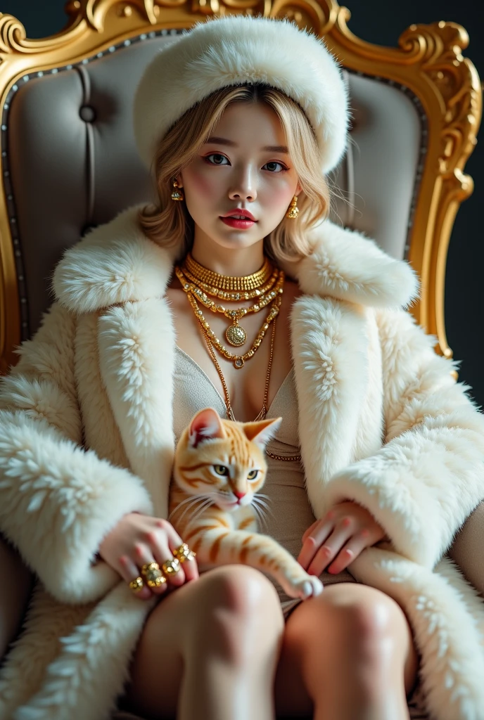 HD, high quality, sexy cute woman, asian, young, korean student,10years old, super young and rich, face of young ???, realistic, real,8k, clean, teenager woman with blonde gorgeouslong hair,little curved hair, pale skin, her face is also very beautiful and looks mature. sexy, She has a fit body. black thick fur coat under her leg, sitting on the huge black fur cushion, wearing huge white fur coat, real fur, fur HD, fluffy fur, big mink fur hat, fur coat covering all the body, wearing big fur hat, sitting on golden throne on the fur mug, wearing brown thick fluffy fur brassiere, red velvet throne, 6 gold necklaces, princess handsome, petting cat, cat has gold necklace, cat with gold, gorgeous face, she has slim body, wearing huge white fur coat, many jewelry, alots of gold jewelry, every finger has golden rings, 10 golden huge giant rings, her sexy leg , she wearing fur slippers, holding a lead,holding dog leash, super huge titties, big hips, brown fluffy fur brassiere, brassiere with fur, black thick fur cushion under her leg
