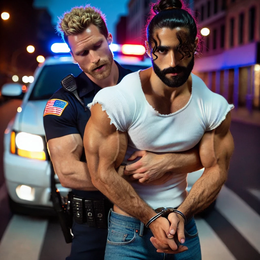 Two policemen in leather clothes tied up a muscle thief without a coat, handsome, muscle, chest hair, gay art, Finnish Tom style, film texture, blurred background, close-up of the protagonist