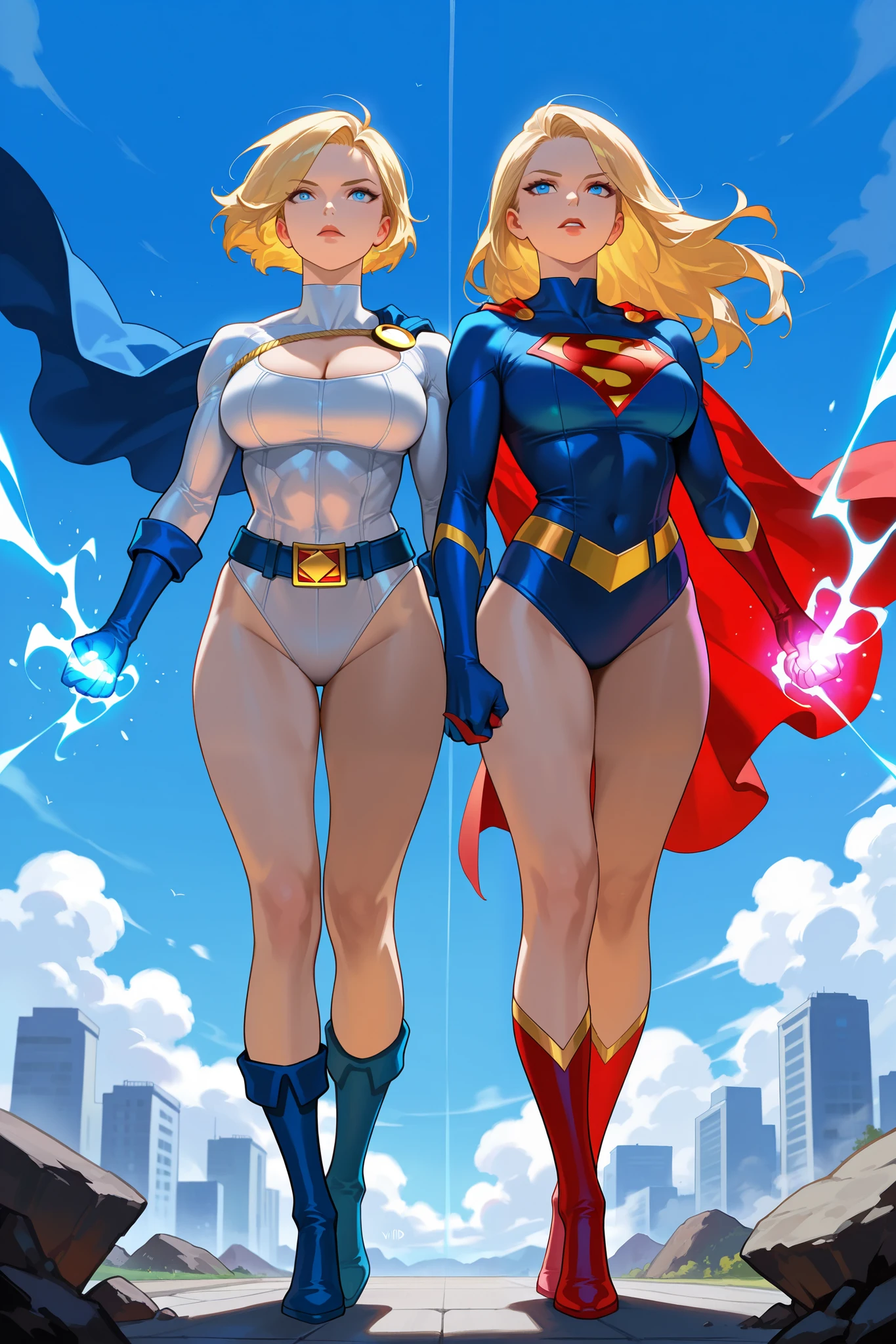 (Muscular:1.9), (thick thighs:1.8),
blonde female, (supergirl), (big smile:1.7), (blunt bangs), (ponytail:0.8),
earrings, lipstick, eyeshadow,
hard nipples, (small breasts:2),
(blue sleeveless fullbodysuit, cleavage, midriff:1.9), (small cape:1.3), (choker:1.2), (active pose:1.5),
looking at viewer, three quarter view, (upper body view),
(skyline background:1.2), rim lighting, two tone lighting, dim lighting, bokeh, detailed skin, detailed eyes