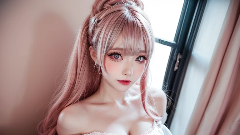 (masterpiece、Highest quality:1.4)、 (8K resolution、Ultra-high resolution:1.2)、(Detailed depiction face,Detailed depiction of hands,Eye for detailed depiction、Detailed skin、Detailed Hair、Glowing Skin,Pale skin:,Beautiful Bangs、Highly Detailed Hair、One Girl,Detail and beauty that cannot be captured in reality,Elegant and perfect figure:1.2)、18-year-old、Lip gloss、(Add highlights to the eyes、The eyes are green,Powerful camera gaze:1.2),( Movement in the bangs.Two-knot hair,Pastel pink hair:1.3) (Cute Smile,Cute face), (Detailed silk sheets,Detailed canopy bed,Detailed king size bed,Detailed pillow,Two large pillows,Pink room,:1.2),(Sexy Poses,Edgy pose:1.5),(Average chest:1.1),(Red strapless bra,race:1.5),(Blur the background),Sony FE GM,Sparkle Effect,Super bright natural light,Shot from above,Stardust
