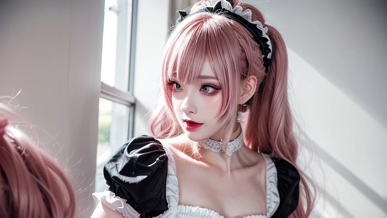 Ultra HD, masterpiece, ((Anatomically correct)), Textured Skin, Super Detail, High Detail, high quality, best quality, 16K, 8K, (1 girl, English maid:1.5), (Focus only, Solitary, Miss:1.5) blue eyes, Lovely, (maid, mini skirt, Ruffled maid Headband, Ruffled shirt, Bow tie, apron, Long skirt, Puff sleeves, White silk socks, Ruffles:1.3), (Pink Hair, Shiny hair, Double braid:1.3), Beautiful and delicate eyes, Beautiful clavicle, Beautiful Body, Beautiful breasts, Beautiful thighs, Beautiful legs, Lean over, , In the restaurant, Low light, Natural Lighting, Cowboy shooting, (Movie Lighting), SSCI - FI and Fantasy, complex,very beautiful and elegant, Very detailed, Digital paint, Art Station, Concept Art, Smooth focusing、Clarity, illustration, Art work:Tan Zi、Ayanamikodon、Alphonse Mucha and Wlop