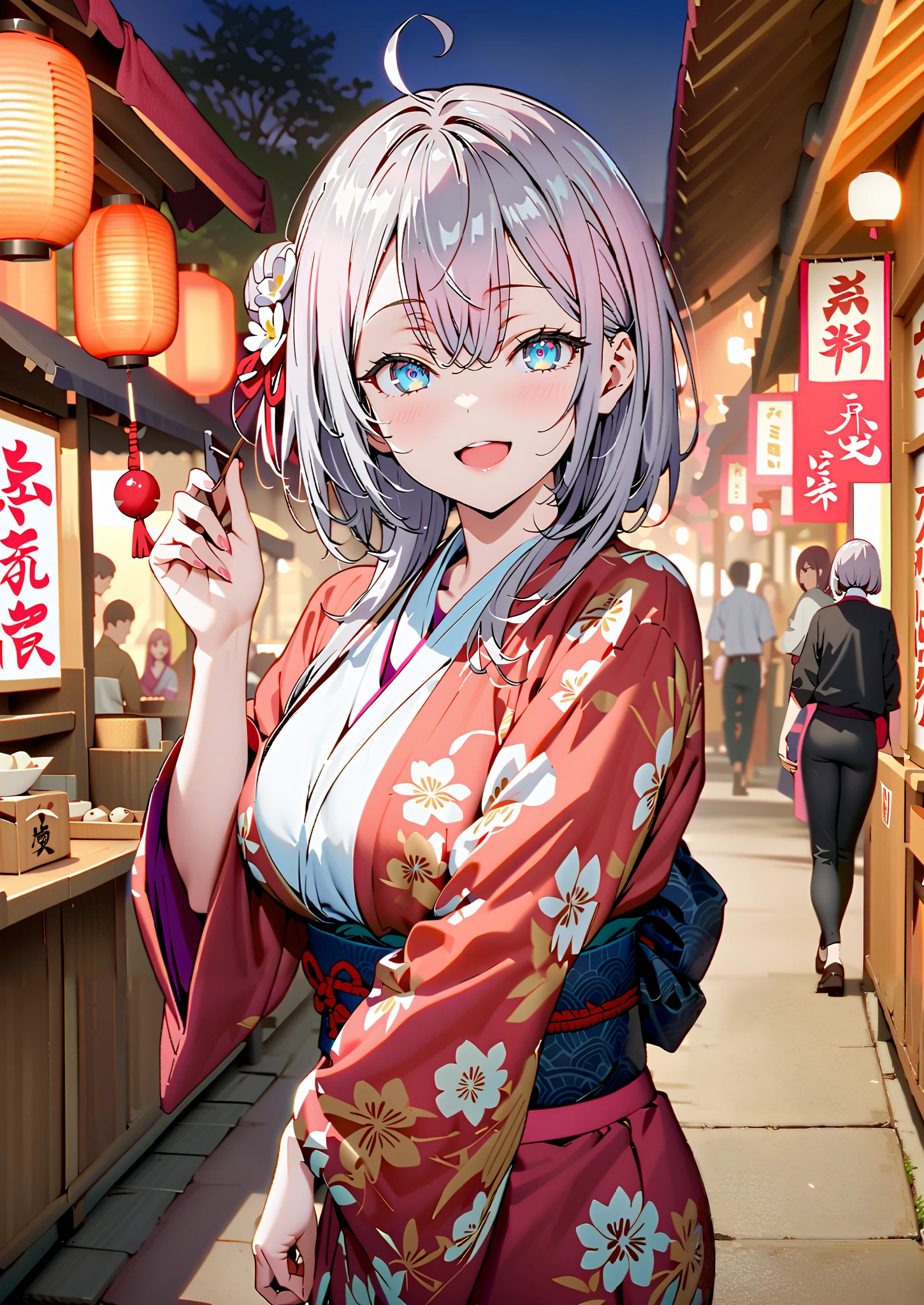 Alisa Mikhailovna Kujo, bungs, blue eyes, stupid hair, Gray Hair, side lock,bun hair,Nape,Big Breasts,Flower Hair Ornaments,White flower pattern kimono,smile,cover,opens her mouth,standing,Light up fireworks,Red Lanterns,Japanese stalls ,night,full bodyがイラストに入るように,break outdoors, Japanese festival,
break looking at viewer,full body,,
break (masterpiece:1.2),top quality , kampala,unity 8k 壁紙,(shape:0.8),( fine and beautiful eyes :1.6),It's a person ,full body写真,CG Details , (perfect hands,complete anatomy),