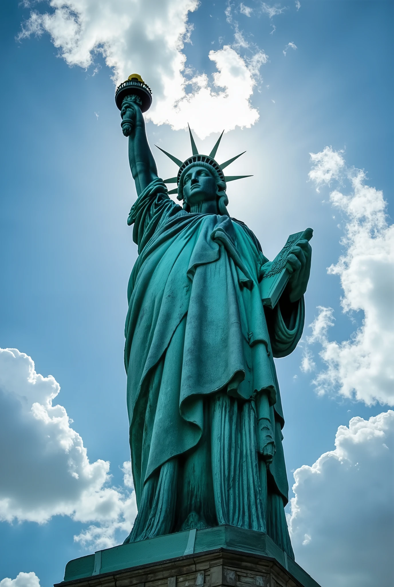 ultra wide angle,fisheye,front,The Statue of Liberty is in the center of the picture,The face of the goddess is illuminated by soft scattered light,Clear paint texture,realistic photography texture,Professional lighting,Ultra High Resolution,8K Ultra HD only,cinematic graphics,Best Quality,Masterpiece