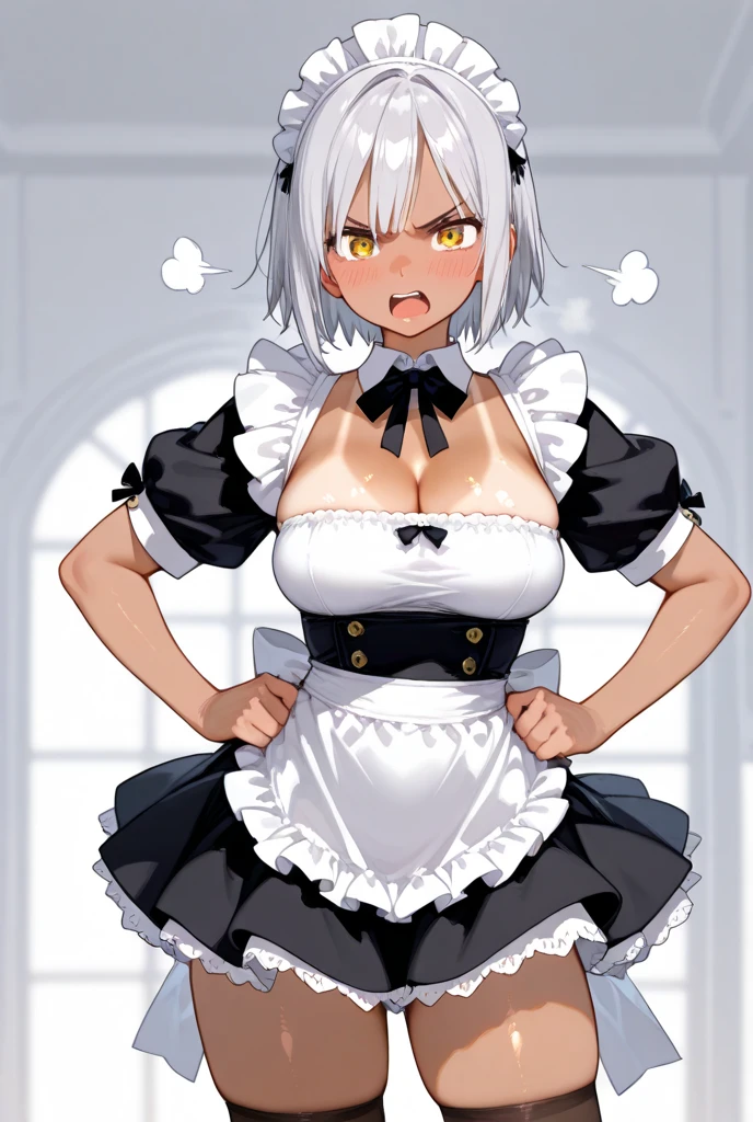 SilverWolfV4, looking at viewer, arms up , silver hair, silver pupils, (white background:1.4), (masterpiece, best quality:1.2), (solo), (1girl), best quality, (photorealistic:1.4),ultra detailed, solo, (full body:1.5), standing, love in eyes, double ponytail, bow hairpins, blushing, shyness, drooling, rolling eyes, white bow tie, maid outfit, long sleeves, miniskirt, big breasts