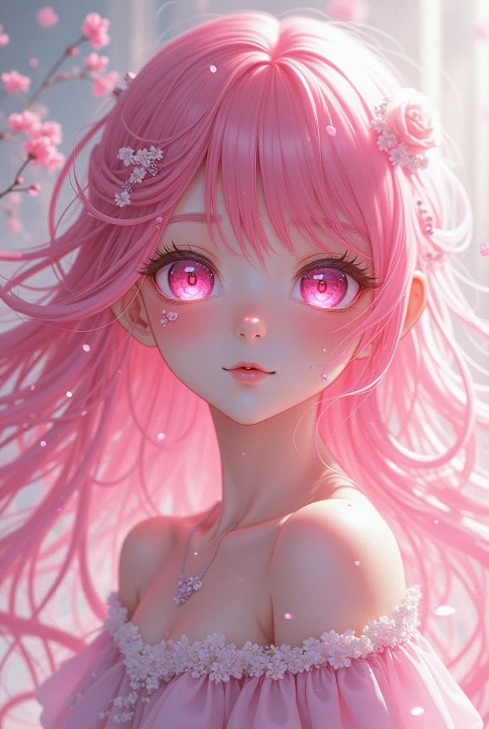 (absurdres, highres, ultra detailed),Light pink hair, pink eyes, pink and white, sakura leafs, vivid colors, white dress, paint splash, simple background, ray tracing, wavy hair, realistic