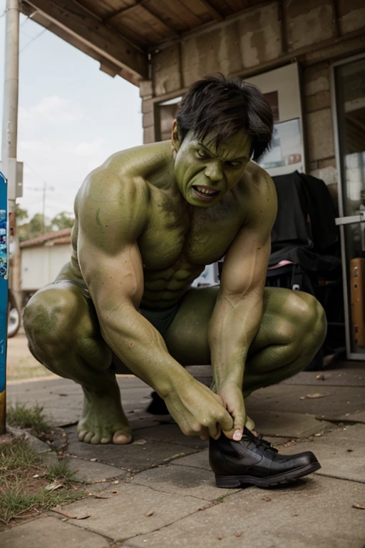 Zombie, male, middle-aged, decay, green skin tone, dirty full-body photo, very tattered clothes, looking at smartphone screen, touching smartphone, dirty skin, dirty hands, taking selfie, full body visible, smiling, jumping for joy, using selfie stick, full-body green skin