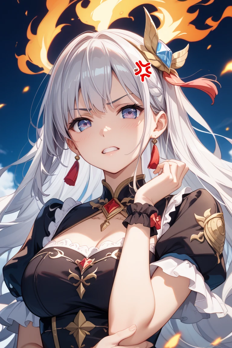 super high quality, masterpiece, Perfect illustration, Very detailed (Exquisite light and shadow, Very dramatic photo,Backlight) , ((Gray Hair:1.5))1 Girl,(( alone:1.6)), (Wearing Han clothes, Black and white Hanfu,Monotony,Long sleeve) (White smoke:1.3) (Realistic:1.4), Official Art, unity 8k wallpaper, Very detailed, Beautiful and beautiful, masterpiece, Highest quality, (Dynamic Angle: 1.4), Glowing Skin, (Floating colorful flashes: 1) The most beautiful chaotic shapes, elegant, Brutalist Design, Bright colors, Romantic Depth of Field Exotic_dance, half_naked、Expose your shoulders、Ample breasts、Great cleavage、Lean forward