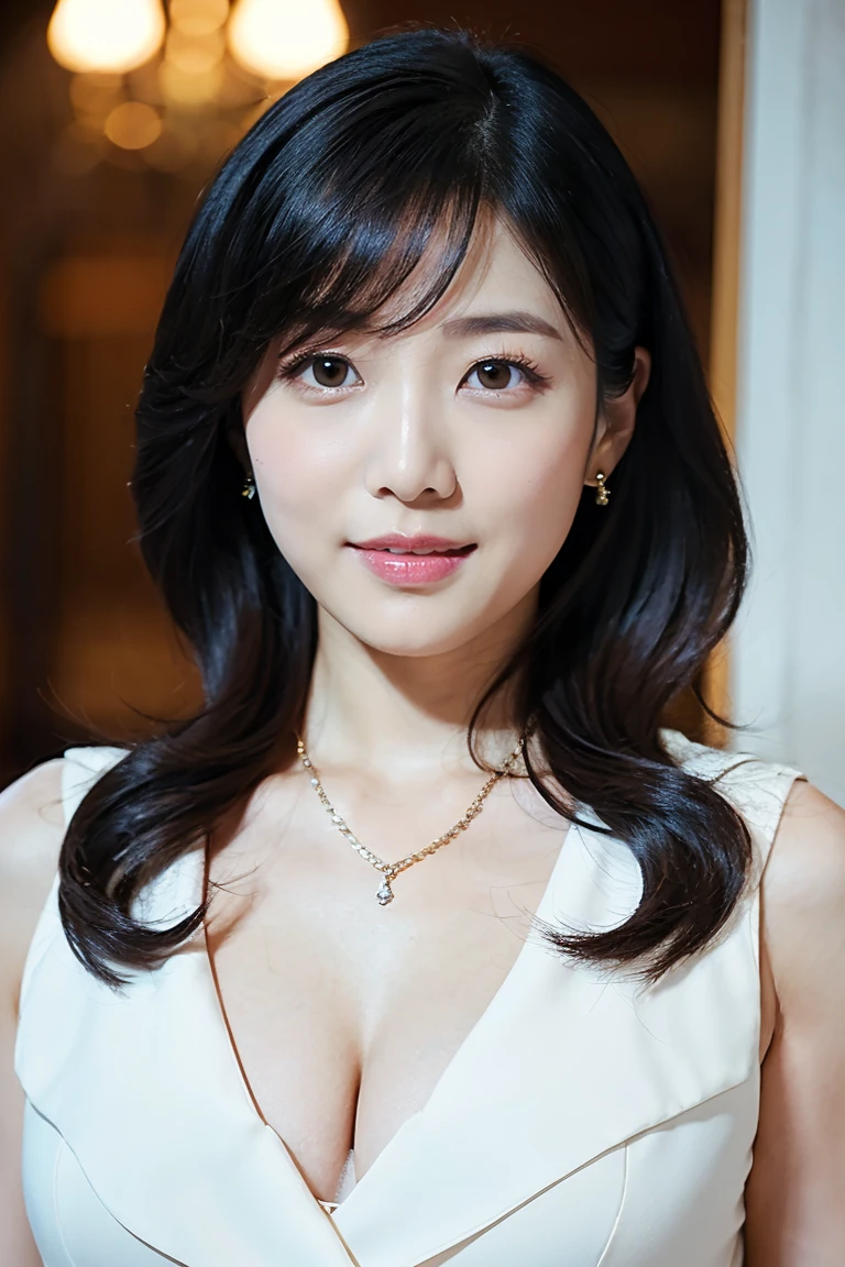 (Best quality, 8k, 32k, Masterpiece, UHD:1.2),Photo of Pretty Japanese woman,(detailed face:1.1), simple black suit, looking at viewer,upper body,necklace,medium breasts,dress shirt,smile