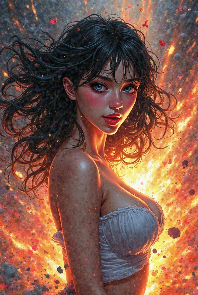 Best quality at best,tmasterpiece,8K,detailed detail,hyper-high detail,1个Giant Breast Girl((Naked)). sexy smile , beautiful eyes. in clouds of smoke,(flowing smoot:1.5),Flying hair,(Colored smoke:1.5),Smoke body,Raise both hands,Particle light effects,The air is filled with smoke,The body passes through the clouds,