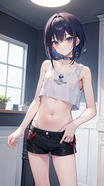 absurdres, RAW photo, extremely delicate and beautiful, masterpiece, Best Quality, ultra high resolution, 32k, hyperrealistic, ultra-detailed, perfect anatomy, anatomically correct, perfect figure, super Detailed skin, 20 years old, very Slim body, narrow waist, very small head, very small face, delicate facial features, detailed face, detailed eyes, tearful mole, earring, thin legs, bare legs, very huge round breasts, short medium hair, ((wavy hair)), wet clothes, tracksuit shorts, Lightweight hoodie, crop top,