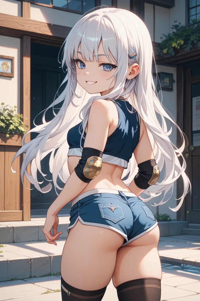 realistic image, coherent image, detailed image, 1 beautiful elf, She has silver hair with black tips, long hair, with braids, silver eyes, her face is oval and delicate, Blushing, smiling, She is wearing a bikini with denim mini shorts, She has a curvy body, small breasts, thick thighs, view of the buttocks, view from behind, round butt, with legs together, snowflakes,