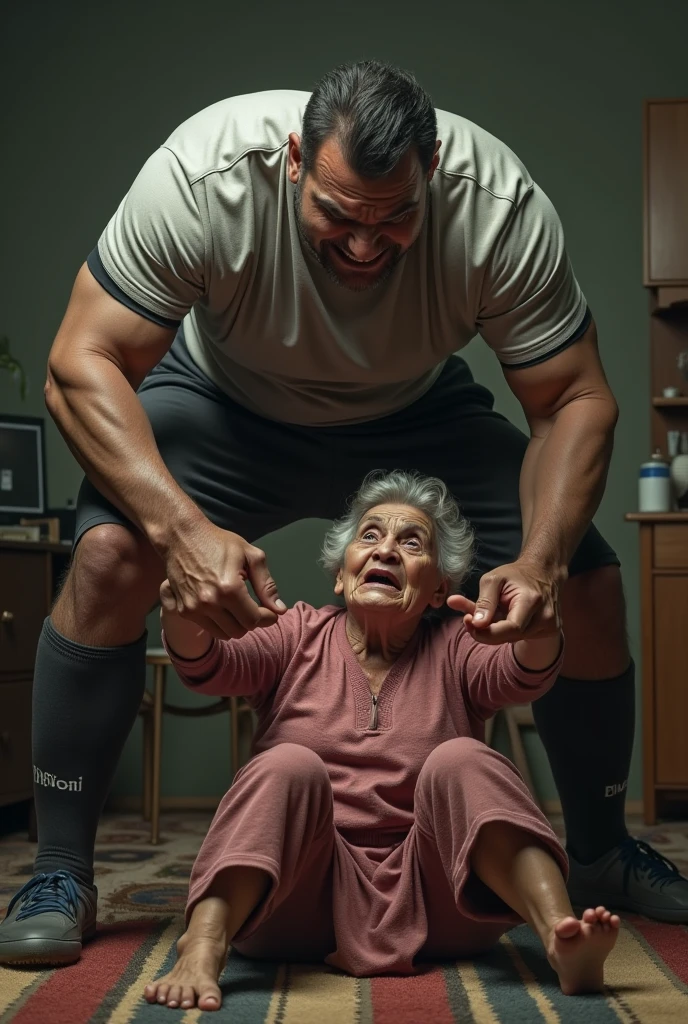 Create a photo of a 20 year old young woman, with a slender and beautiful body, wearing a white tank top and gray sweatpants, with white and clear skin, with long light brown hair, while being attacked with a slipper by a 90-year-old elderly woman, obese, dark black skinned, who wears glasses and a blue dress 