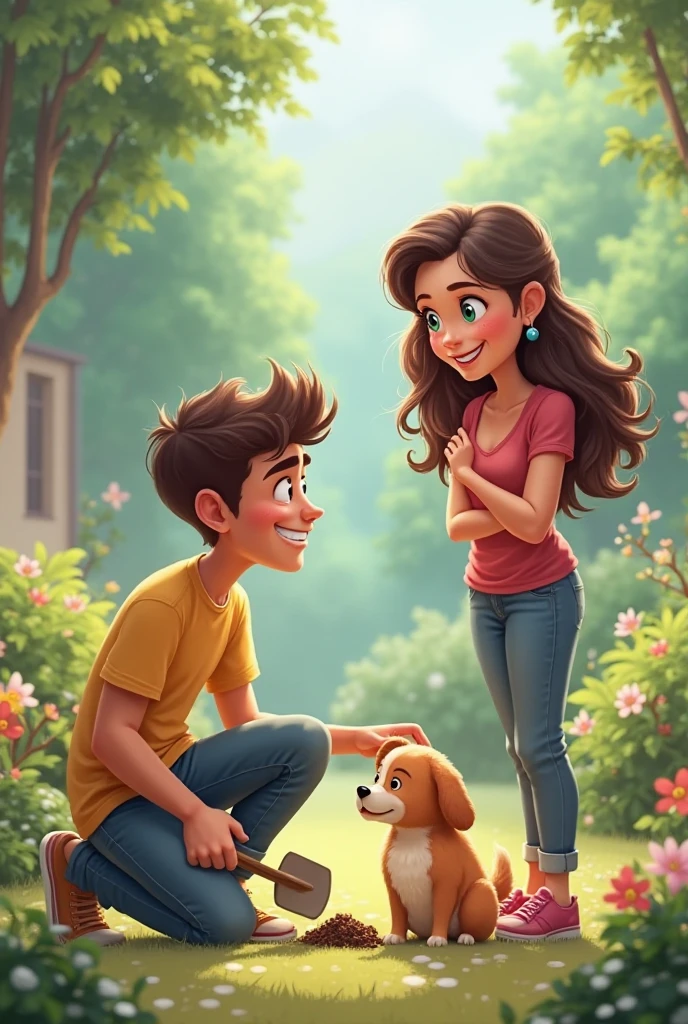 Long brown haired woman with a cocker spaniel and a man with messy black hair and no facial hair with a Pincher at his side 