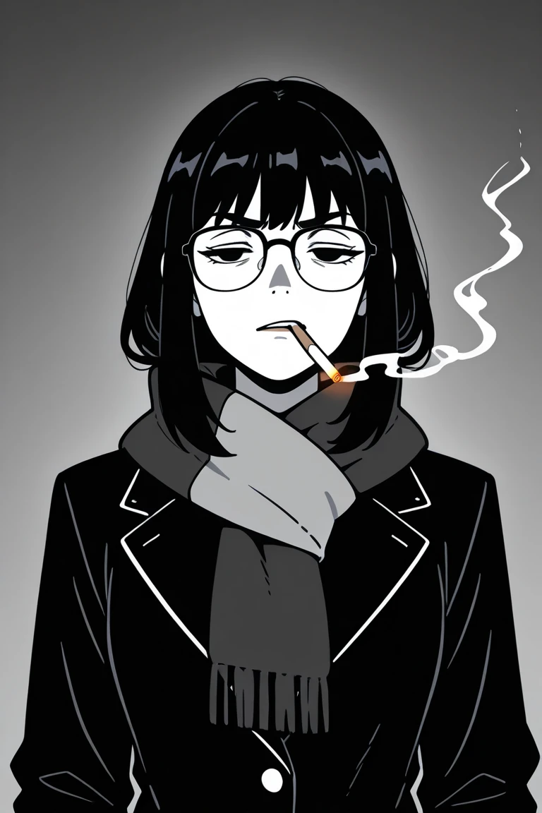 masterpiece, best quality, 1girl, mamerakkkkko, grayscale, manga style, Japanese, chi no wadachi, black eyes, street, iced, black hair, schoolbag, smile, lineart, black coat, black scarf, black pleated skirt, leggings, centered, 18 years old, tall, fair skinned, bokeh background,, bob cut, light particles, centered, snowing, (((smoking, cigarette, perfect hand, detailed hand:1.1)), emotional anime scene, from below