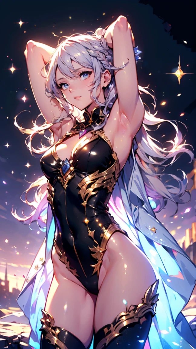(8k, best quality, masterpiece: 1.2), 1 girl, headdress, portrait, (long loose silver skimpy dress: 1.1), necklace, blue nails, pretty, cityscape, night, rain, wet , professional lighting, photon mapping, radiosity, physics-based rendering, (mature woman: 1.1), (intricate details, taut clothing, hair ornaments: 1.2), slender figure and curvy, Correct limb
