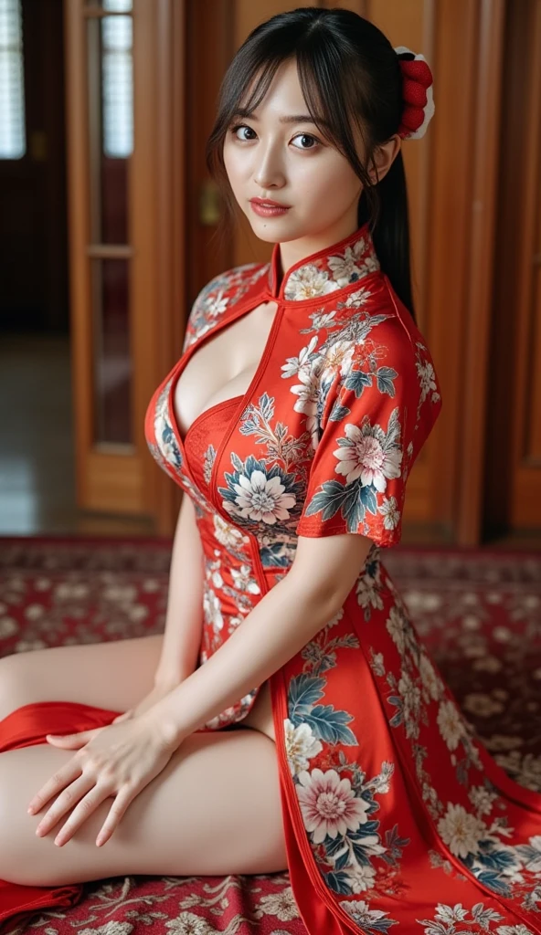 (8k、Raw photography、highest quality、masterpiece:1.2),(black haired、very short hair:1.8),(twin mitsu braid:1.4)、show viewer,Looking at the front,erotic,White skin,(She wears a red floral cheongsam。.:1.7)、()、(Clothing that emphasizes the shape of your chest、publish one'skin:1.8)、(big breasts :1.4)、slim body shape、ultra high resolution,beautiful,beautiful fece,(alone、no background:1.9),whole bodyボディー,japanese woman,(Photoreal:1.37)、photon mapping,reality、(Baby-faced and cute: 1.0)、(cute smile: 1.7)、(With a round face: 1.7)、radio city、Physically based rendering、depth of field rally background、photograph, (I can see your knees,close up of thighs:1.5),whole body、super fine