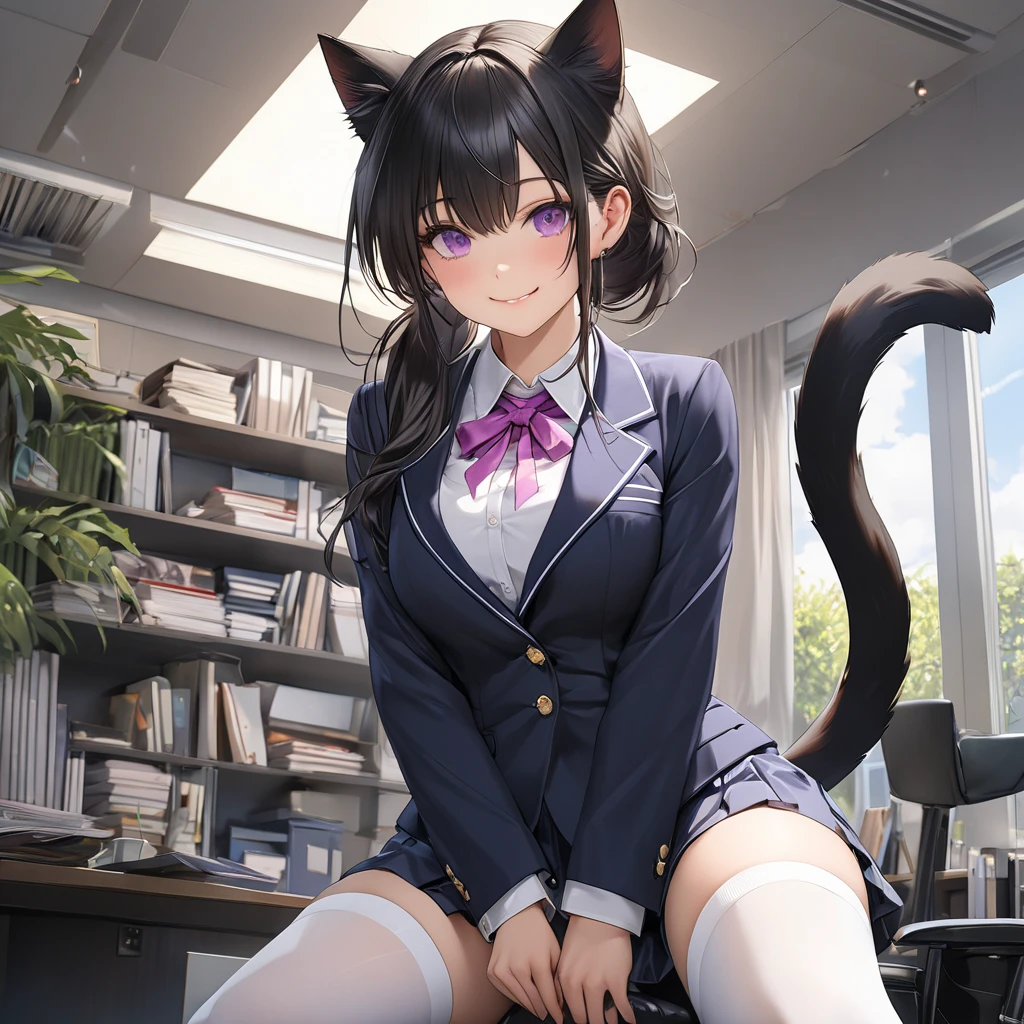 Il y a une femme adulte avec des lunettes , dans son bureau, dit in front of her computer , working girl, office girl, chemisier rouge,  soutien gorge visible sous le chemisier , long black  skirt, cat ears, white stockings, Dark and purple hair, cheveux noirs et mèches violettes, oreilles de chat sur la tête, belle poitrine , Décolleté important, Avatar de seconde vie, Belle capture d’écran, charme , Seconde vie, Plan rapproché entre les jambes , femme séduisante, portant des lunettes noires brillantes