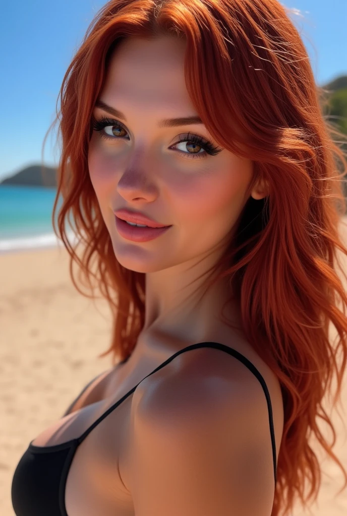 Adorable jeune femme rousse allongée sur le sable en maillot de bain rouge a rayures blanche . Longhaire, Regardant le spectateur, ssmile, blue eye, jewels, very long hair, Parted Lips, front teeth,