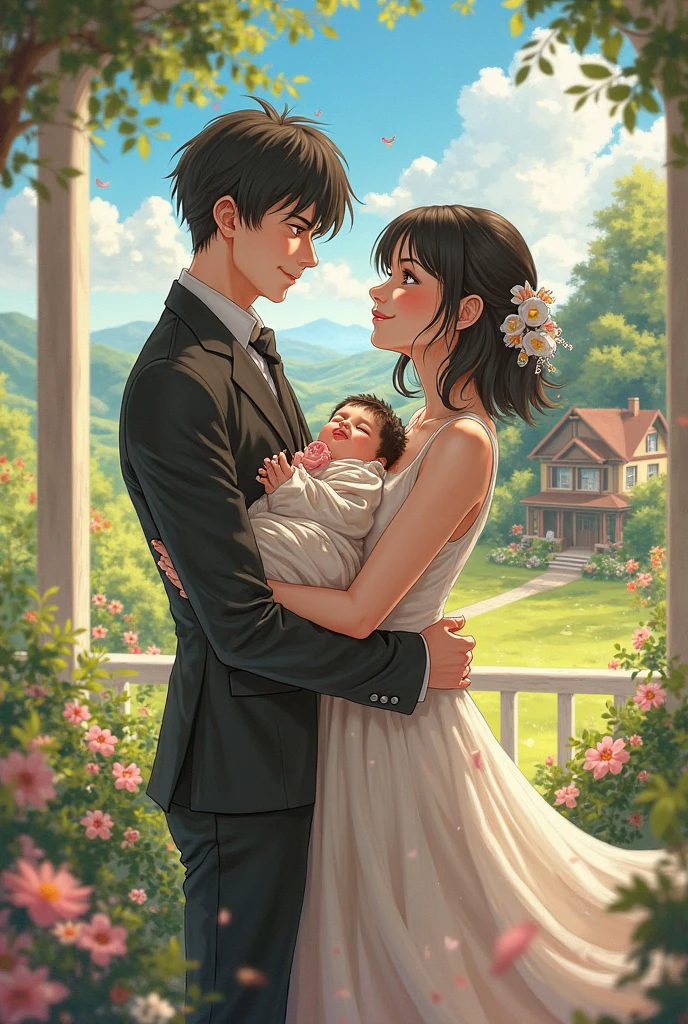A couple holding hands,The girl wears a noble long-sleeved white lace wedding dress with a bouquet in her hand,The boy is wearing a blue suit,All sit in the garden,Lots of flowers by the lake,38th anniversary message,closeup cleavage