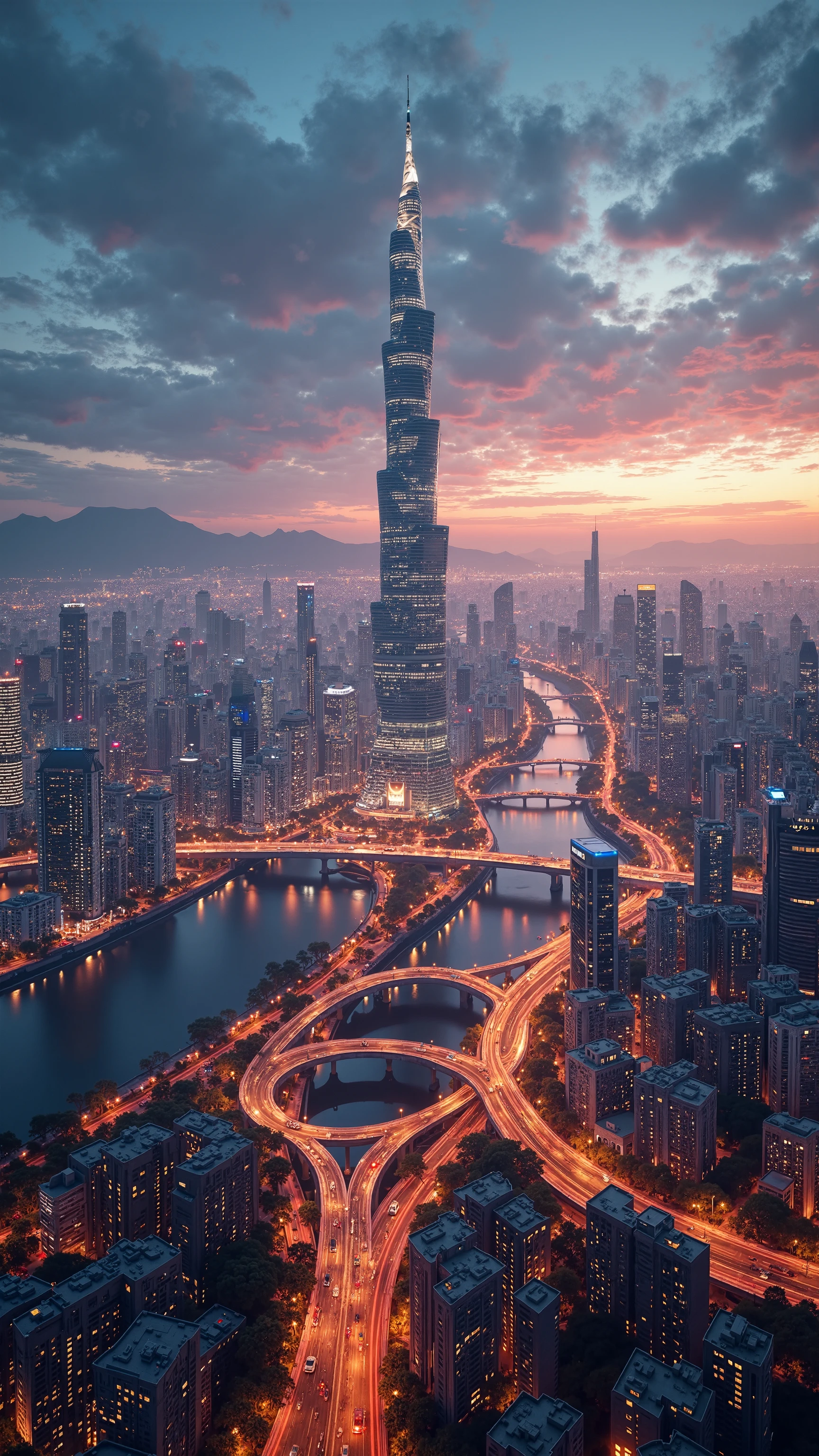 Arafed view of a city with a bridge and a river - SeaArt AI