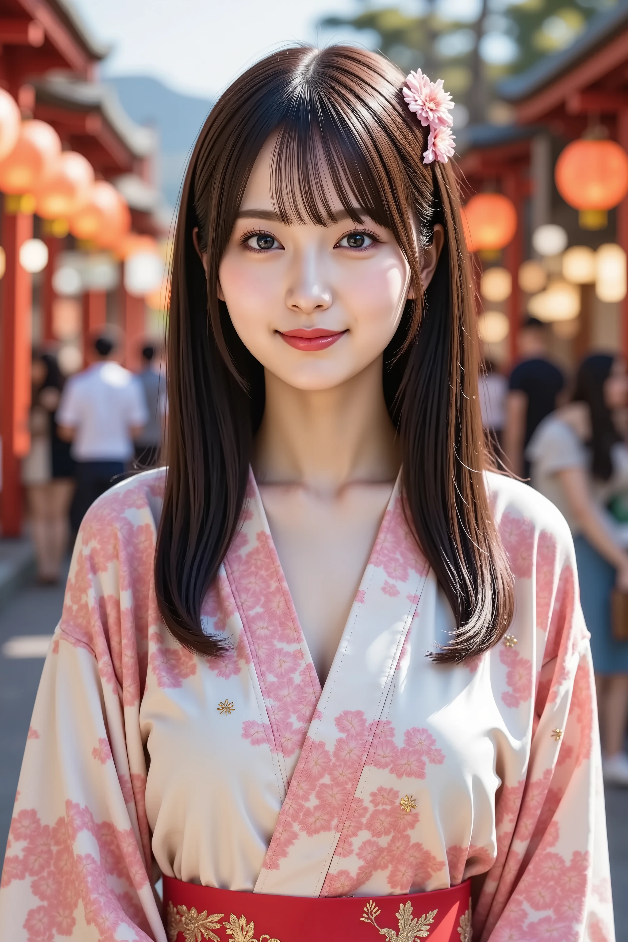Big breast, A highly detailed and ultra-realistic digital illustration of a beautiful young Asian woman, explicitly framed from just above her chest upwards, fully capturing her entire head, including the crown and clearly visible hair whorl. The composition ensures her facial features are perfectly centered, with clear, radiant skin, softly blushed cheeks, and a bright, open smile revealing her teeth, giving a warm and joyful expression. Her naturally pink lips are slightly parted, showcasing a friendly and inviting smile. Her large, expressive eyes sparkle, enriched with delicate eyelashes and subtle, elegant makeup, enhancing the liveliness of her joyful expression.
Her straight, sleek black hair is gracefully styled into an elegant updo, adorned with an exquisite kanzashi hairpin featuring delicate floral designs, adding a touch of traditional Japanese beauty to her appearance.
She wears an exquisite, traditional Japanese furisode kimono, adorned with intricate patterns of cherry blossoms and elegant golden embroidery, showcasing rich cultural aesthetics. The long, flowing sleeves add depth and grace to her appearance, while a vibrant obi belt with intricate detailing enhances the authenticity of her attire.
The background is a lively Japanese festival scene, filled with glowing paper lanterns, vibrant red torii gates, and bustling festival stalls selling traditional street food and colorful decorations. Soft bokeh lights from distant festival lanterns create a warm, immersive ambiance, while a subtle golden glow highlights the intricate patterns of her kimono. The festive setting enhances the celebratory atmosphere, immersing the viewer in the rich tradition and beauty of a Japanese matsuri.
The overall image is crystal-clear, hyper-detailed, and rendered in stunning 8K resolution, ensuring breathtaking realism and depth.