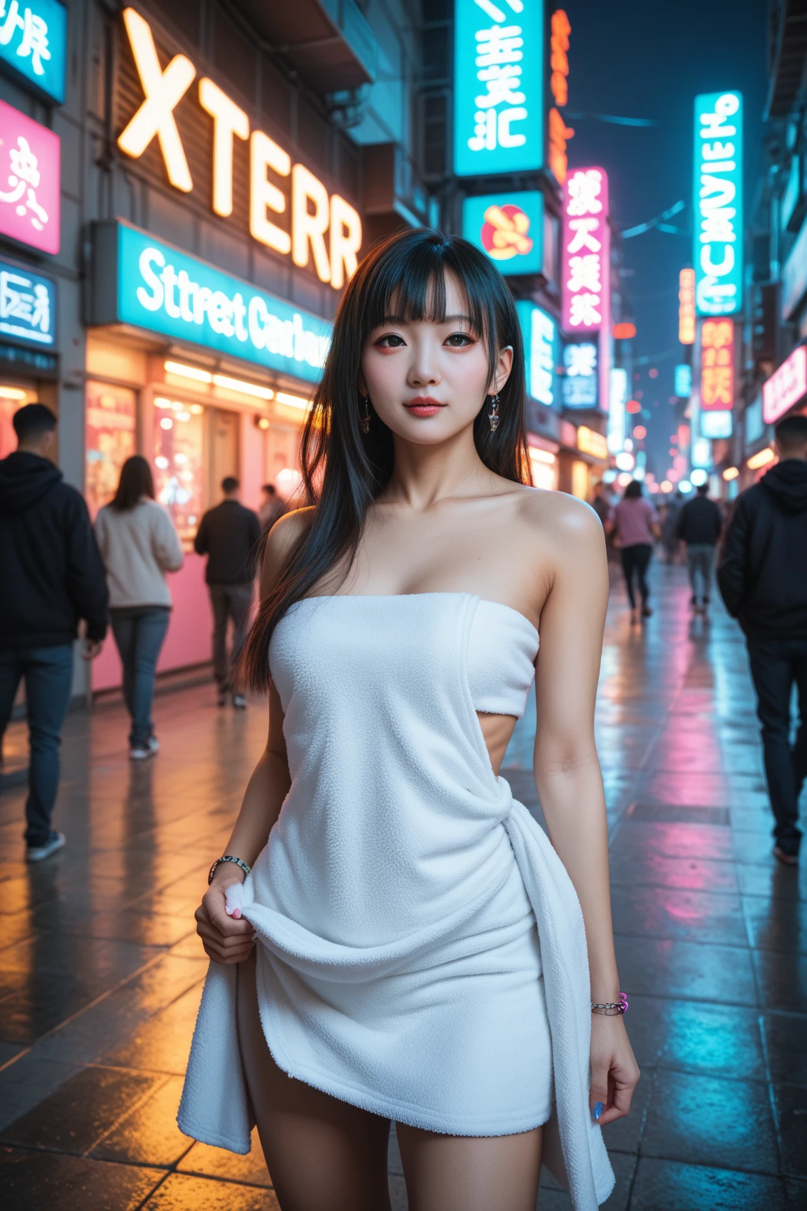 1 girl, Korean model, extremely beautiful, perfect body. The Canon EOS R5 200mm f/2.8 IS III USM camera adjusts to sharp shooting mode for landscapes and whole bodies of characters. 8K photo quality, lifelike, masterpiece, sharpest and highest contrast, super realistic color photos. Her hair is pink, long and smooth, the wind blows it beautifully under the bright sunlight. Beautiful face, perfect and sexy, holy, perfectly proportioned, beautiful in every detail, ((shiny)), high-end cosmetic makeup. Bright smile, pure white teeth and details. Attractive glossy red lips, brilliant glossy red lipstick. Brown eyes, glossy, seductive, ((sharp makeup)), realistic, ((wet eyes)), detailed. Pink eyeshadow, long eyelashes, blush, high-end cosmetics. Two delicate eyelids, perfectly beautiful and detailed, black eyelashes. Eyebrows are curved, sparse, sharp and detailed. High and detailed nose. Cheeks are prominent and detailed. ((Bright white skin)), detailed pores, shiny skin, smooth skin. Long, shiny legs. Hands are beautiful, perfect, ((no flaws)), no defects. Complex light, yellow-black rays, ((lights the face)), sparkling sunlight, ((lights the girl's body)). Gold and silver earrings, diamond necklace, emerald belt, Rolex watch.
The latest 2024 fashion style, hot atmosphere, cinematic lighting, causing confusion, large depth of field, stereoscopic lighting, modern street detailed background. ((Full body photo of girl from head to toe, chest exposed)) walking on a crowded street.