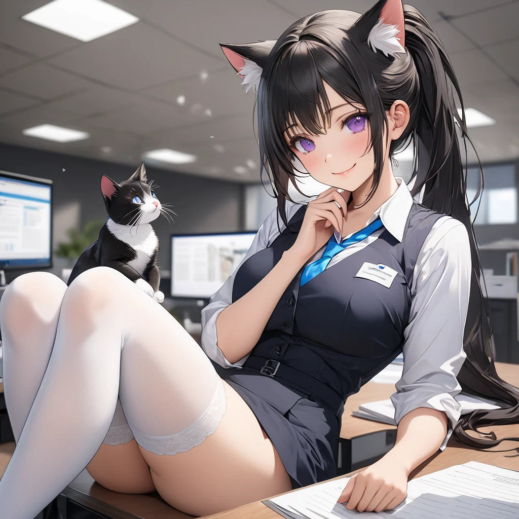 ulzang-6500-v1.1, (RAW photo:1.2), (Photorealistic:1.4), ((sittinng on the desk,legs are open)) (Sitting down) sittinng on the desk (Erotic schoolgirl costume with tie) Beautiful detailed girl, Very detailed eyes and face, Beautiful detailed eyes, ridiculous, Incredibly Ridiculous res, hugefilesize, Super detailed, high resolution, Very detailed, Best quality, Masterpiece, kemomimi, ((Furry Japanese girls' high school uniform,with no underpants)), 1 visible cat, 1cat, Vaginal visible, illustration, Very detailed, CG, unified, 8K wallpaper, Amazing, Fine details, Masterpiece, Best quality, Very detailed CG uniform 8k wallpaper, light in face, Cinematic lighting, 1girll, , ((No panties)), (sittinng on the desk,legs are open), In school