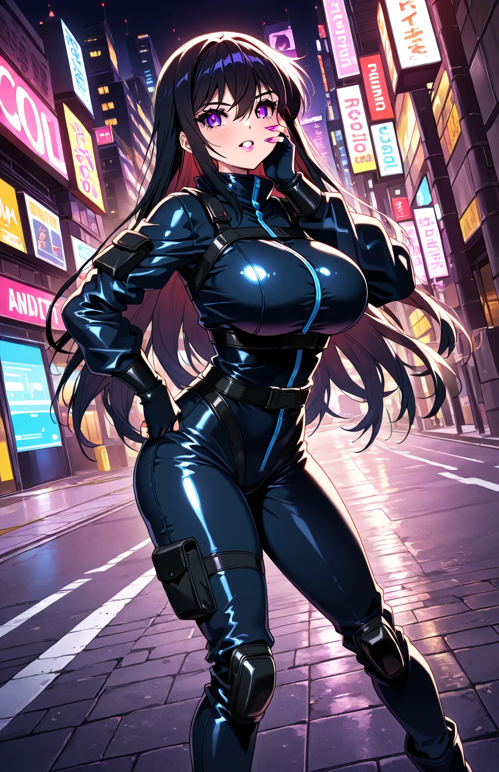 1 woman/Kamen Rider/Batman/Mega Man-x, Max resolution/detail/quality/sharpness. Unreal Engine 5, Disney/Anime style, Mortal Kombat/Kamen Rider Universe, she has long flowing hair with braids, breasts1, huge, extremely tight clothing on the body, looking at the viewer, smiling, Fight position, closed fists, on an empty subway train.