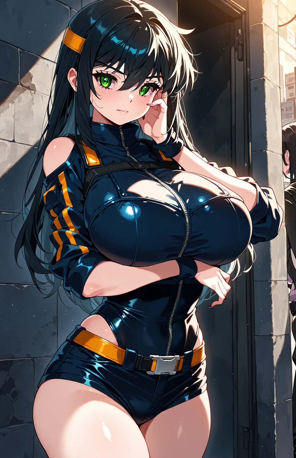 professional artwork, Intricate Details, field of view, sharp focus, detailed painting, photorealistic lighting, trending on pixiv, Standing at attention, black outfit ,yellow collared shirt,black and red bodysuit,skin_tight,black legwear, black pantyhose, Side_boob, black hair,very long hair, Bangs,yellow eyes,makeup, lipstick, 20yo,mature female,Beautiful Finger,Beautiful long legs,Beautiful body,Beautiful Nose,Beautiful character design, perfect eyes detail, perfect face, looking at viewer, NSFW,official art,extremely detailed CG unity 8k wallpaper, perfect lighting,Colorful, Bright_Front_face_Lighting, (masterpiece:1.0),(best_quality:1.0), ultra high res,ultra-detailed, hyperdetailed, photography, 8K, HDR, highres, absurdres:1.2, Kodak portra 400, film grain, blurry background, bokeh:1.2, lens flare, (vibrant_color:1.2) (Beautiful,large_Breasts:1.4), (beautiful_face:1.5),(narrow_waist), (solo:1.4), ((upper body, half body shot:1.4)), annerose:1, classroom, (blushing, shy, pretty, tsundere:1), looking at viewer,