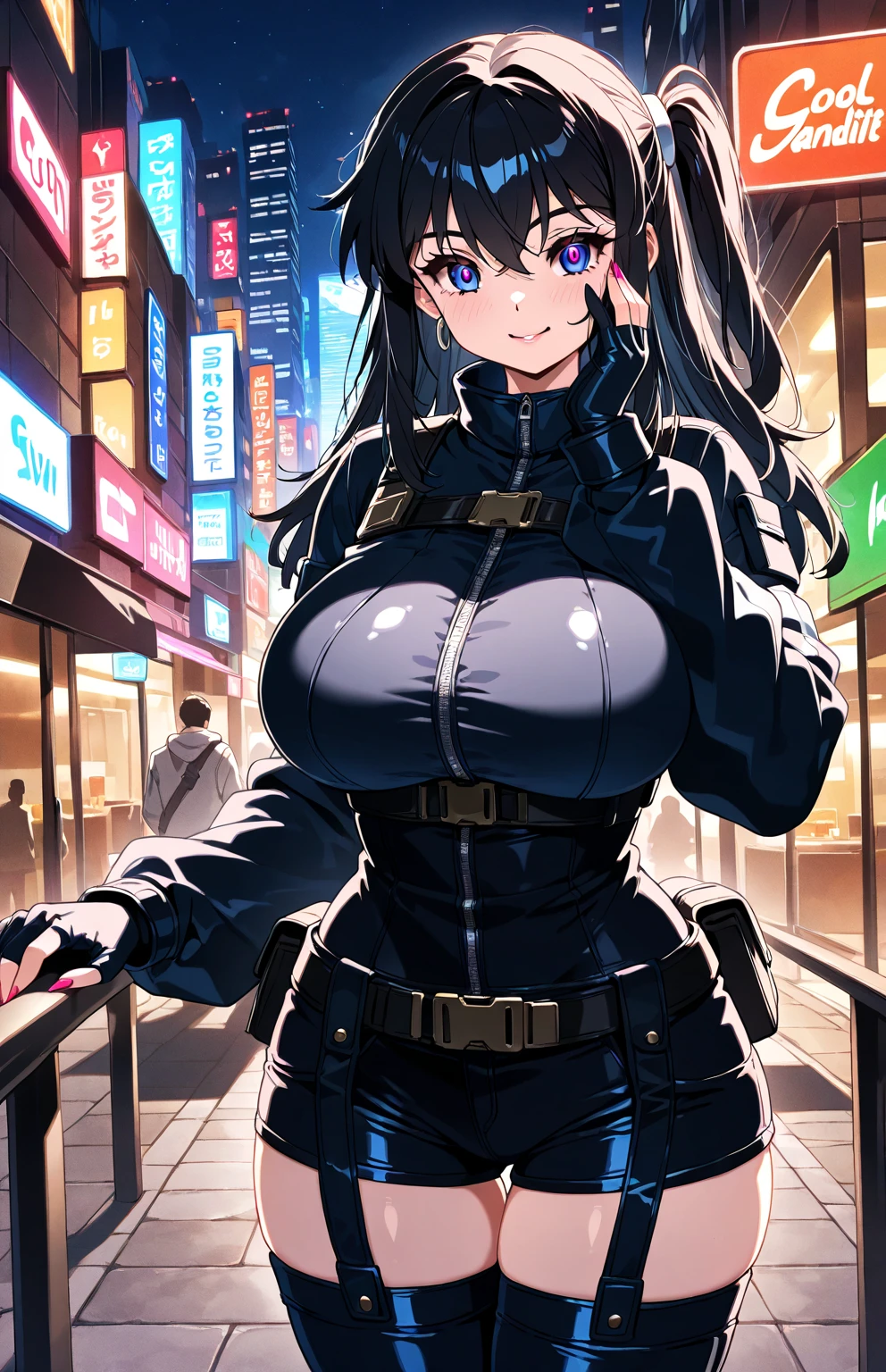 view from left side, Side view, (Best quality,4K,8K,A high resolution,Masterpiece:1.2),Ultra-detailed,(Realistic,Photorealistic,photo-realistic:1.37),hdr,hyper HD,Studio lighting,Ultra-fine painting,Sharp focus,Physically-based rendering,Extreme detail description,professional,Horror,anime,Sci-fi,Photography,Concept artist,Five fingers,huge tit,Crazy swollen breasts, Buttock augmentation,Bursting chest,A 40-year-old female assassin fights with a large group of men,Dirt and long legs,Fitness model, She struck a fighting stance, Long purple hair,Wearing a black mask, The whites of the eyes and pupils are clearly colored,170cm tall,Fair skin,Wearing a black latex jumpsuit,A black hooded cloak was draped over his clothes, handheld dagger, full bodyesbian,Cowboy shot,Look down from above, ((The men looked at her intently：1.5)), ((These people all put on a fighting posture：1.5)),((The men gathered around her in a circle：1.5)), Standing in Cospali Promotions,All roles,Shot with Canon 5D MK4,Cospali photo.