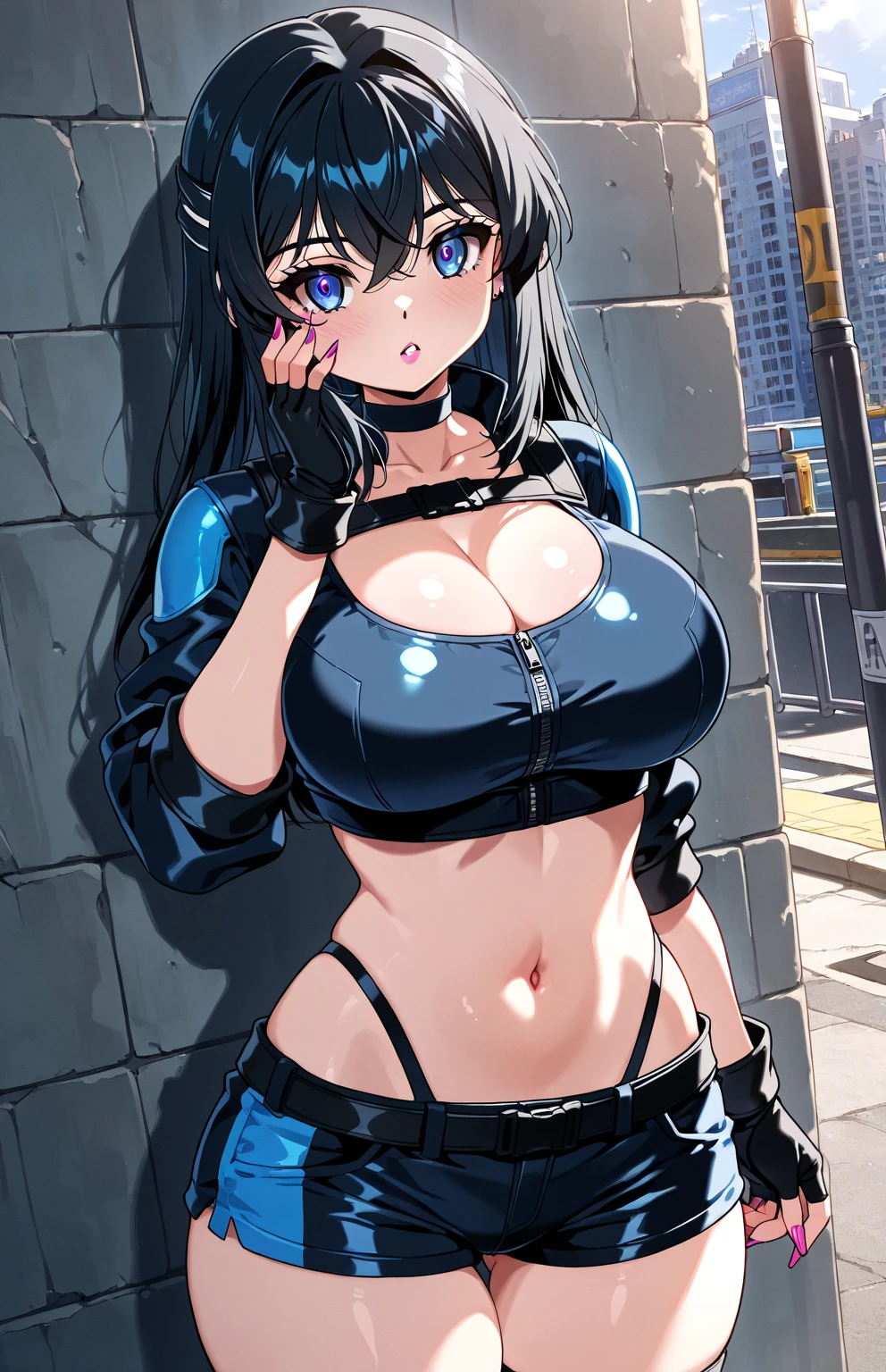 (((absurdres))), (((masterpiece))), (((best quality))), ((ultra-detailed)), ultra high quality, realistic, (real picture, intricate details, depth of field), ((((1girl, solo)))), make up, parted lips, highly-detailed, perfect face, (((mature woman, milf))), (huge breasts, thick thighs, wide hips, attractive waist), (skindentation), tall, glossy lips, ((toned abdomen)), sexy, blushing, ((blue hair, blunt bangs, very long hair)), ((beautiful blue eyes)), ((earpiece, hair accessories, hair ornaments)), ((((black bodysuit, zippers, harness, cleavage)))), alluring smile, ((alleyway, night)), (((cowboy shot, erotic pose, arms above head)))