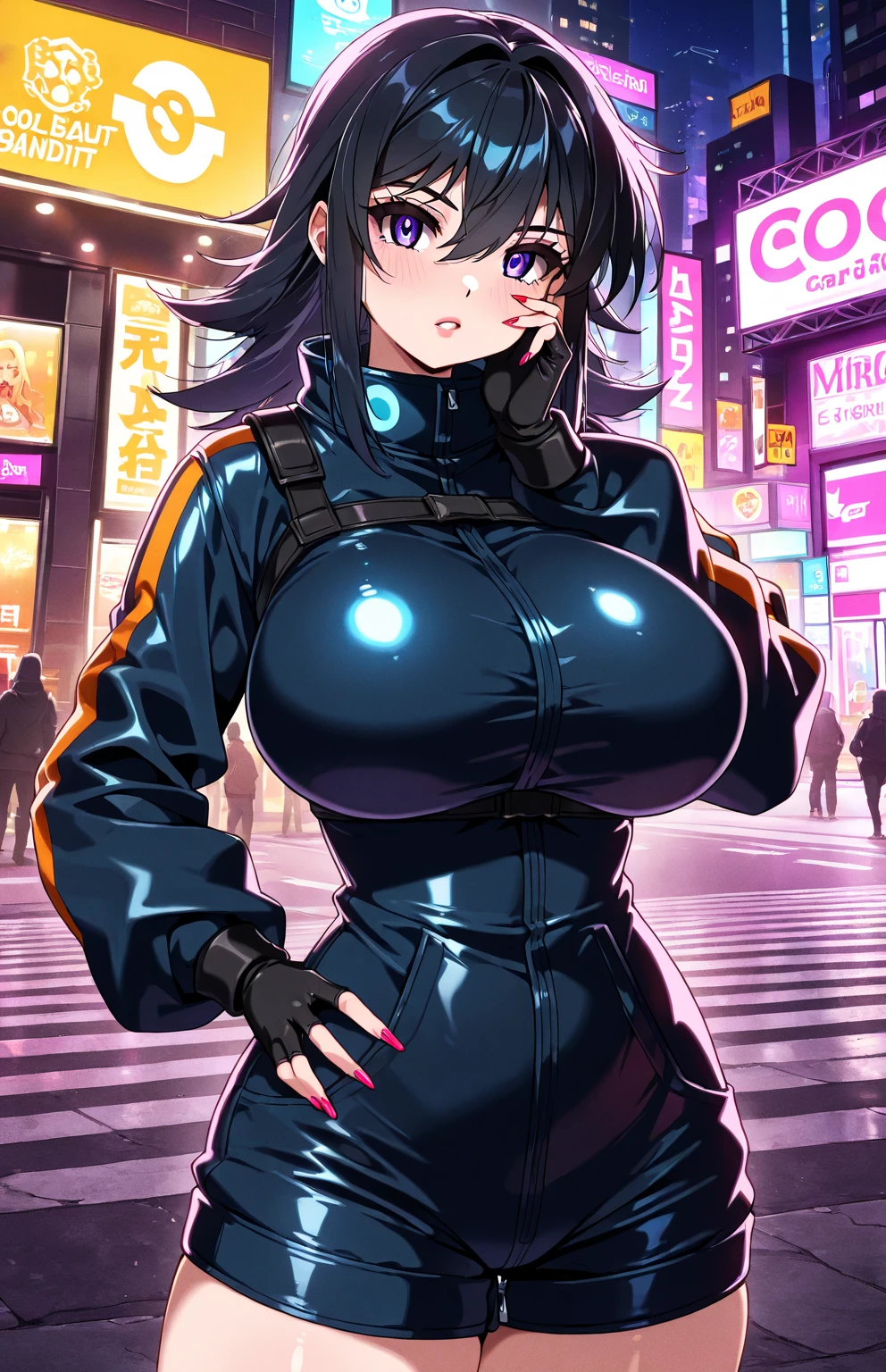black hair, black colored dress, violet eyes, gigantic breasts, cleavage, bare legs, smiling