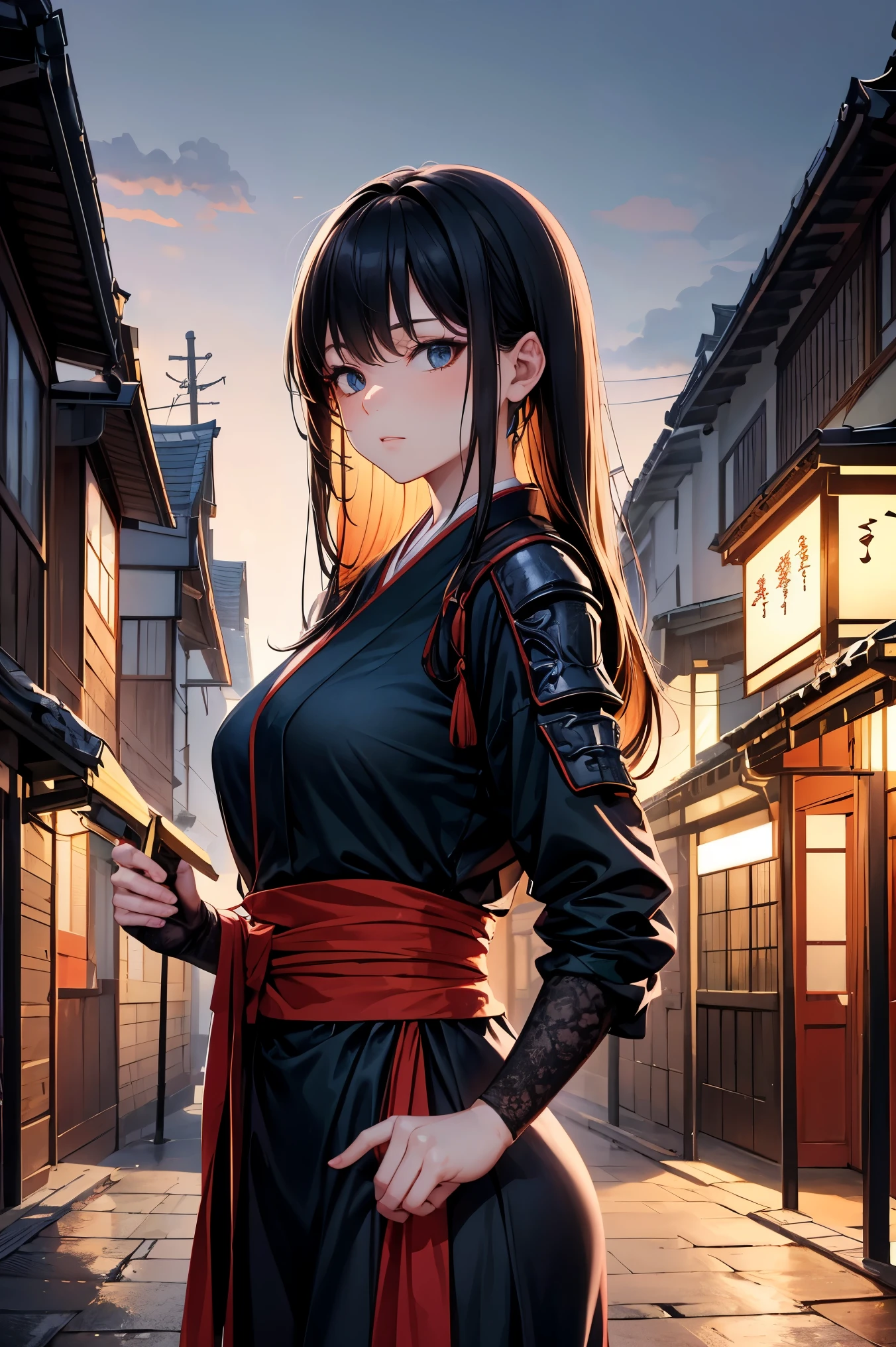 Ultra-detailed 8K digital illustration of a beautiful young Asian woman dressed in traditional ninja attire, rendered with breathtaking precision. The image is a waist-up shot capturing her stealthy yet poised demeanor, with long, silky black hair flowing in soft, natural waves that frame her enigmatic, determined face. Her eyes, filled with unwavering resolve and a hint of mystery, convey both strength and stealth. She is clad in meticulously crafted ninja garb—a dark, form-fitting outfit accented with subtle, intricate detailing that expresses a perfect blend of lethal agility and refined elegance. Lightweight, flexible fabrics replace heavy armor to facilitate silent movement, while a discreet array of traditional ninja tools is seamlessly integrated into her attire. At her waist, a finely forged Japanese sword—its blade gleaming with a razor-sharp edge and adorned with minimalistic yet traditional carvings—is securely fastened, symbolizing her lethal expertise and the storied legacy of the ninja.

The background immerses the viewer in an evocative Edo-period townscape, where historic wooden structures line narrow, winding streets. Drawing inspiration from the charming ambiance of Kyoto’s traditional neighborhoods, the scene is enriched with authentic details: weathered timber beams, softly illuminated lanterns, and subtle hints of nature reclaiming the urban landscape. Edo Castle looms majestically in the distance, its imposing silhouette and intricate architectural details radiating a sense of cultural grandeur and historical significance. The interplay of cool, muted natural light filtering through the alleyways and the delicate shadows cast by the wooden facades creates a mysterious atmosphere, perfectly balancing the enigmatic figure of the female ninja with the evocative, time-honored setting of an ancient Japanese town.