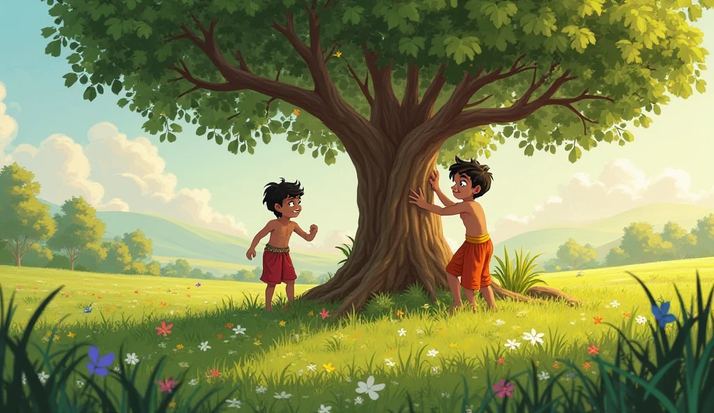  5 years old Bhima approaches, but Kauravas try to stop him from climbing the tree.
