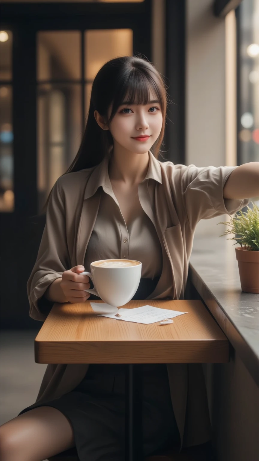 (shoulder-length straight black bob hair:1),((((8k))),((Extremely meticulous CG)) ,(wallpaper),16k,((Extremely refined and beautiful))，(((Masterpiece))),(((best qualtiy))),(((Ultra High Resolution))),beautiful light up，Perfect lightning，realistic shaded，[A high resolution],(Smooth and flawless fair skin:1.5),Extremely exquisite facial details,(perfect body：1.1),ultra - detailed,A beautiful girl,small head,((very short ponytail)),small face,Exquisite makeup,(Small breasts:1.1),Flat chests，slim，thin,happy Smile,(lake blue shirt:1.3),(night scene:1.5),In a hamburger milk tea fast-food restaurant,bright indoor lighting,((sitting on the chair beside the table by the french window)),(a cup of coffee and a large plate of steaming pizza on the table),(outside the window  a winter night view),looking at viewer,(close-up of upper body above chest:1.2),(many people in the room)