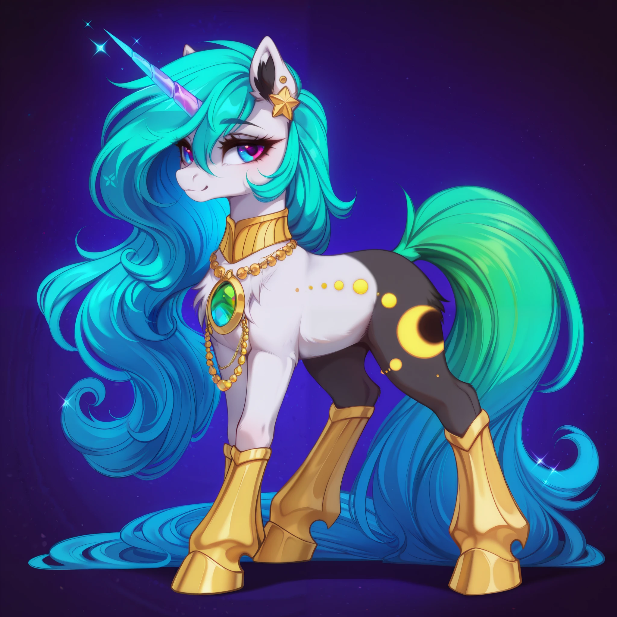 score_9, score_8_up, score_7_up, score_6_up, score_5_up, score_4_up, show accurate, full body, simple background, feral pony, female pony, mesmerizing appearance, original character, alicorn with an iridescent crystal horn, multi-toned body featuring a gradient from deep midnight blue to soft caramel with cream undertones, extraordinarily detailed mane combining black, purple, caramel and silver strands with starlight sparkles woven throughout, flowing wavy hair styled in an elegant yet slightly messy fashion with occasional braided sections adorned with crystalline beads, heterochromatic eyes - one deep blue with golden flecks, one emerald green with silver highlights, delicate star and moon patterns scattered across flanks, High Resolution, medium-length layered mane and tail with occasional curls, intricate outfit combining elements of both casual and formal wear - featuring a modified military-style jacket in deep purple with golden trim, layered with a soft cream-colored scarf with geometric patterns, detailed accessories including crystal-studded ear cuffs, delicate chain necklaces with moon pendants, golden hoof guards with intricate engravings, magical aura surrounding horn shifts between blue and golden hues, background featuring a blend of mystical elements - floating crystals, star trails, and subtle moon phases, sophisticated pose showing both grace and strength, ethereal sparkles and mist effects surrounding the character, multiple small floating gems and stars integrated into the mane and tail. (SuperQuality:1.0) ~ (SuperQuality:1.2), deep_negative_pony, PonyScores, PDXLneg-NoAniPny