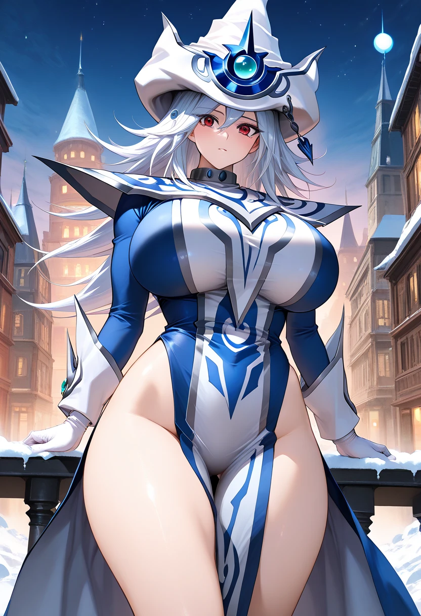 Silent magician, milf, old woman, white hair, micro bikini, ((micro bikini azul, flushed, smile coqueta, black lipstick)) , (( flushed, smile, oiled skin, mucha piel visible)), long hair, white hair, picking up her breasts, (( micro bikini, picking up her breasts)), curvy body, (( gigantic sagging breast, showing off her breasts, exhibitionism, usando solo guantes blancos y sombrero de mago blanco, nipples)), cuerpo desnudo, long legs, open legs , abs , muscle, Iparuputsua, standing, on the beach at night, city lights in the distance, Cancun, image from below