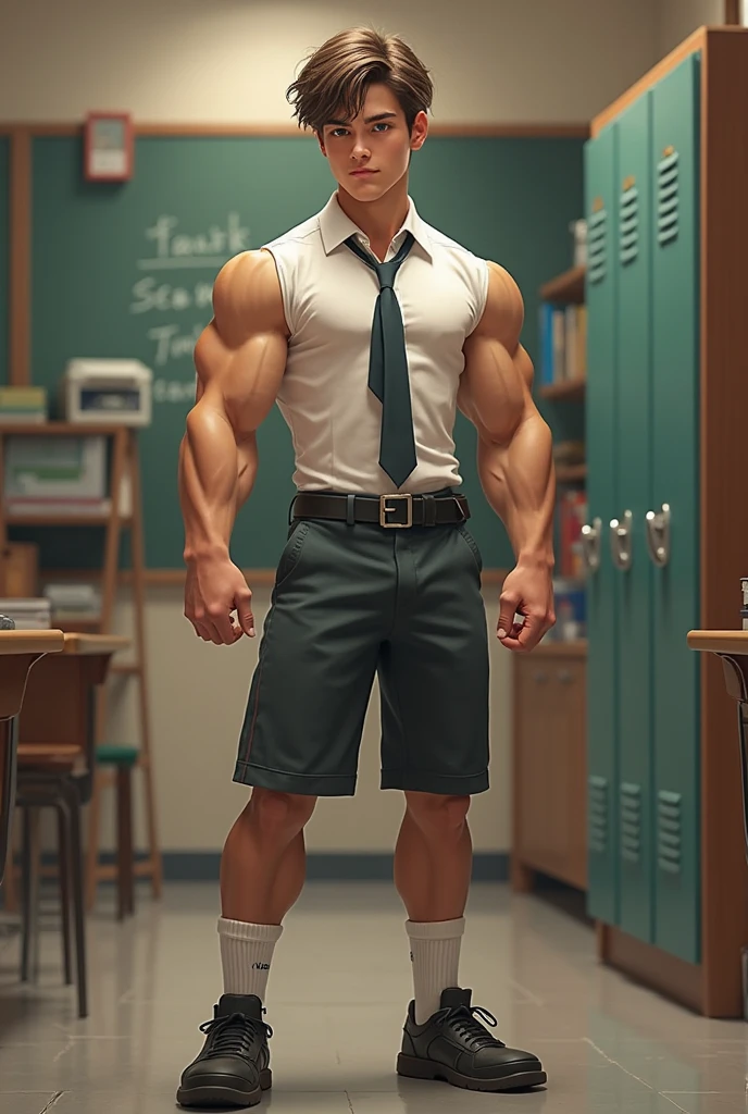 man at school, shirtless, sudando, full body
