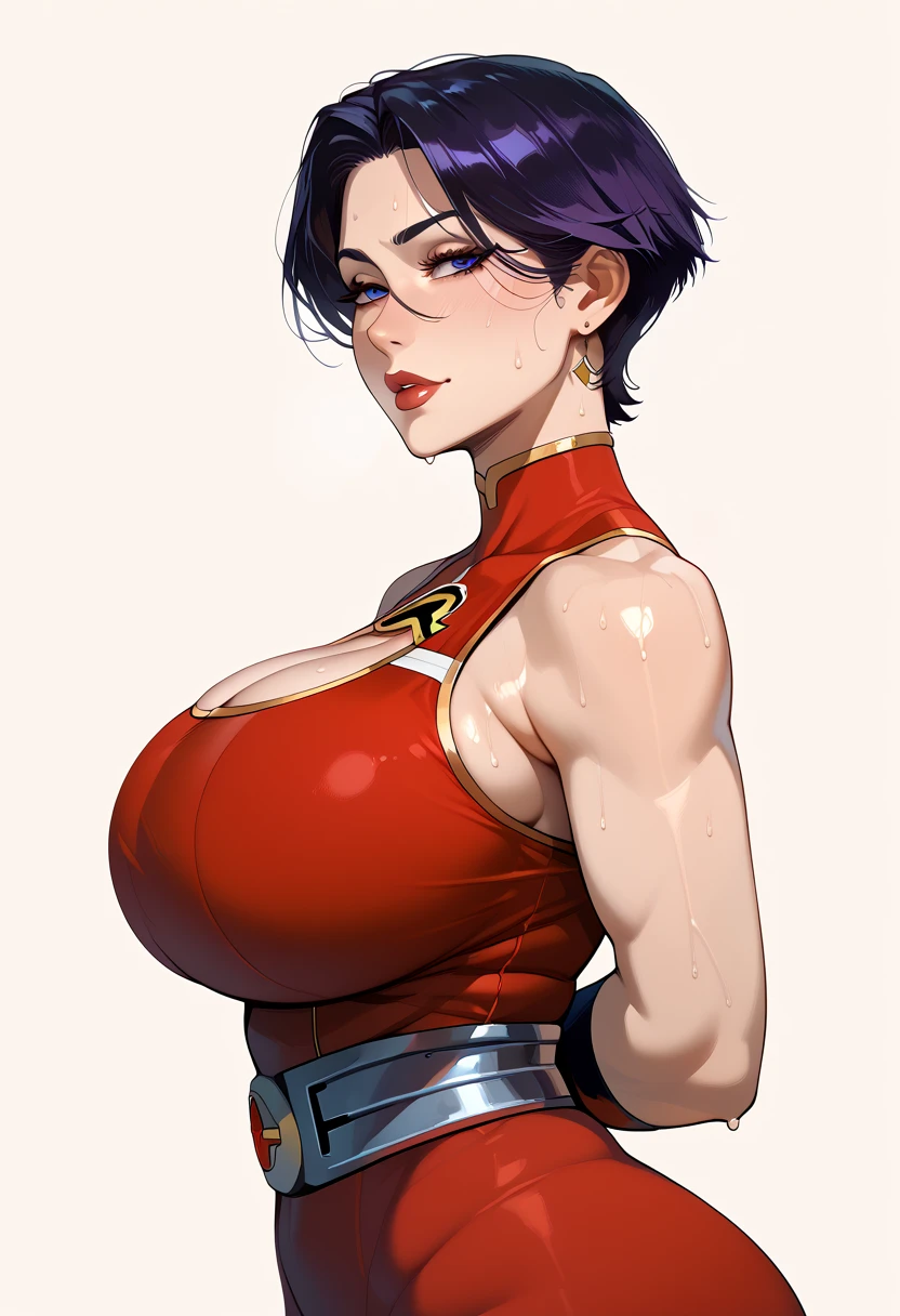 (best quality, ultra-detailed, photorealistic: 1.39), bright and vibrant colors, studio lighting, romantic expression, love smile, Beautiful red strapless sweater with pleated skirt, light fabric, undercut platinum bobcut black hair, medium breasts, fit, muscular, short hair, mercenary, front pose, cleavage