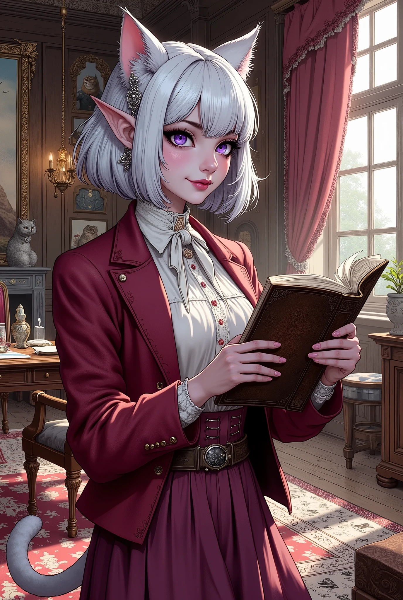 (Ultra-detailed face, Looking away, Fantasy Illustration with Gothic, Dark tone colors.), BREAK 
(The cat, a dark elf female secretary, opens a very large leather-covered appointment book and reads its contents with an amiable smile, a bold pose and a large gesture, in a large, traditional and old-fashioned 18th century English office. The office is furnished with all the elegance of an English royal, with ornate chandeliers, carpets with cat motifs, tables and chairs with cat paw prints, cat painted curtains, cat paintings on the walls, and cat sculptures.), BREAK 
(She wears a silver hair ornament and a white ribbon tie. She wears a traditional English stationer's blouse, a crimson jacket, and a crimson skirt. She wears simple pumps with silver ornaments. On her waist she wears a large, old-fashioned silver pocket watch, and in her hand she carries a thick, old leather-bound schedule book.), BREAK 
(She has pure white hair and eyebrows, a crisp fringe, a bob hairdo curled like a cat's hair, hair that is plump and curled to hide her elf ears. She is supple and sexy like a big cat, a Siberian, with small pink lips, dark purple skin, lavender eyes, and thick, dark eyeliner makeup around her eyes. She has cat ears and a tail.)
