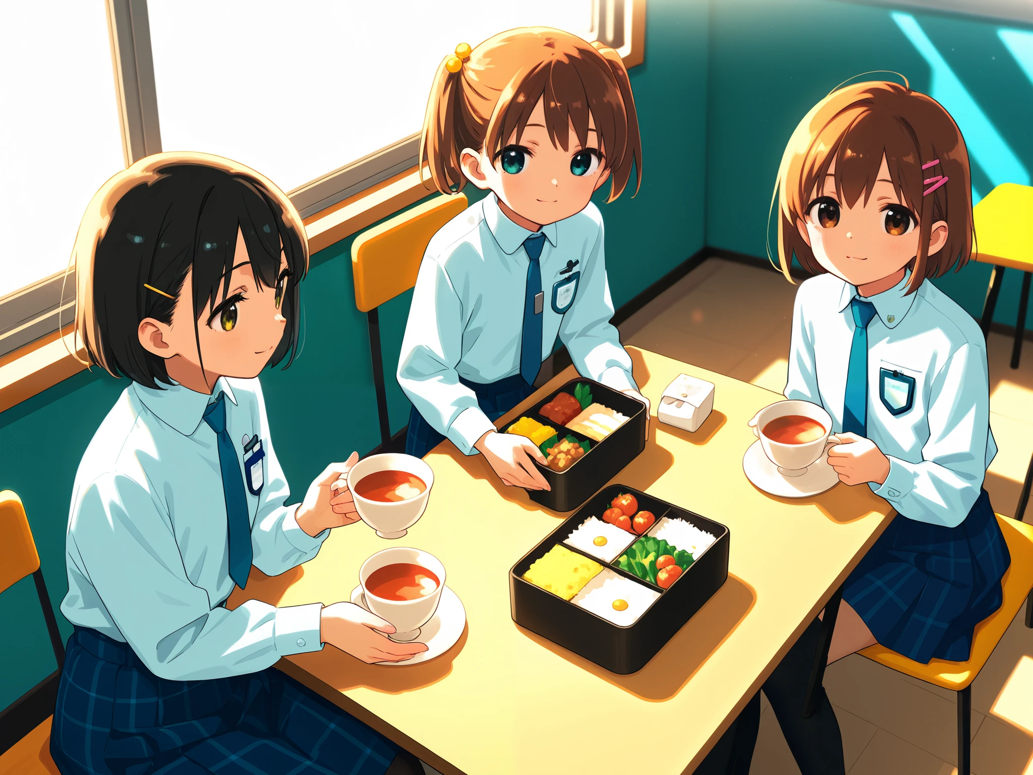 A group of adorable cats wearing ID badges, sitting on a break room table, sharing bento boxes. One cat pours tea, another checks their schedule on a tiny tablet. Soft lighting, gentle colors, and a peaceful atmosphere of workplace camaraderie.