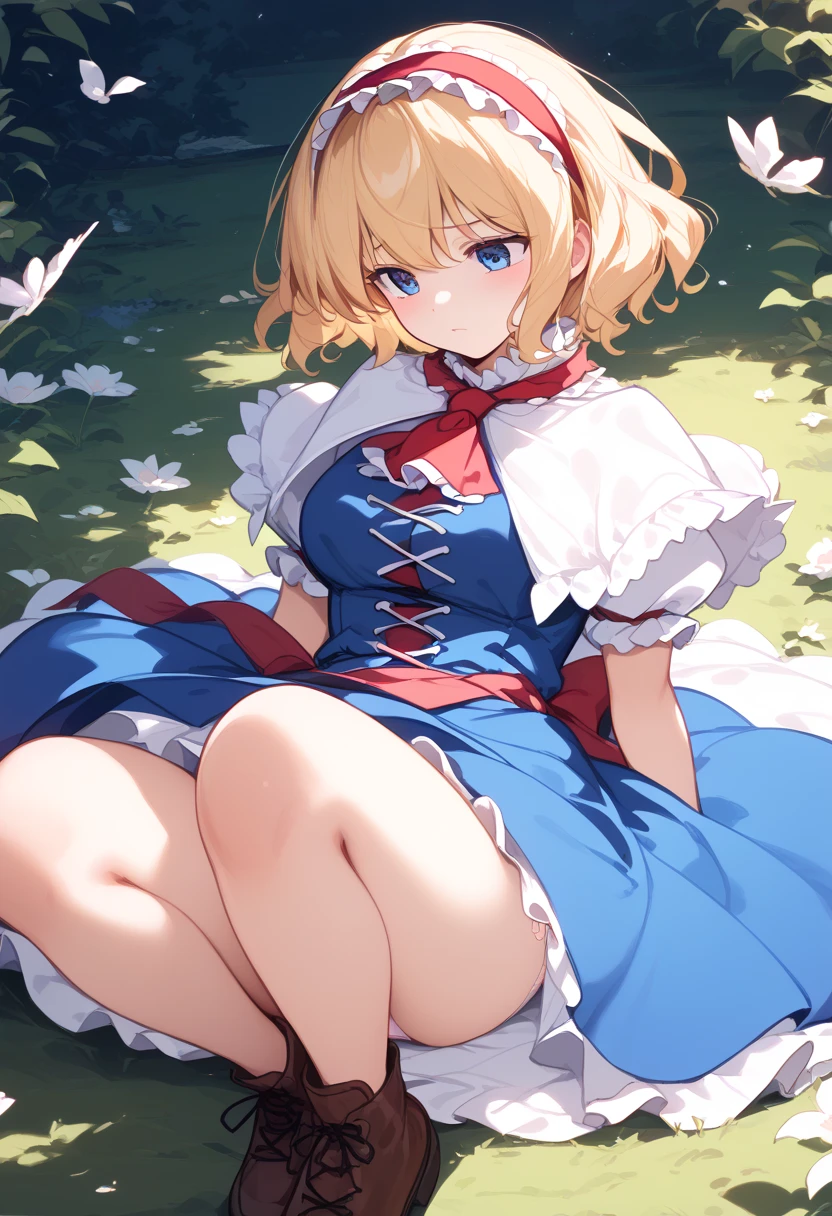 best quality, masterpiece, highres, solo, {alice_margatroid_touhou:1.15}, blonde_hair, short_hair, hairband, blue_eyes, capelet, 1girl, open_mouth, blush, looking_at_viewer, lying