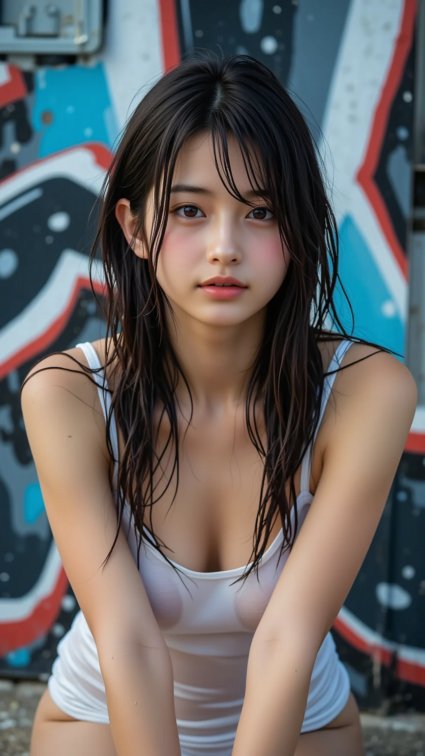 best qualtiy,tmasterpiece,超高分辨率,(真实感:1.2),RAW photogr,1girl,Black hair,shiny skins,Get wet,dramatic lights,full bodyesbian,,Microbikini,gigantic cleavage breasts
