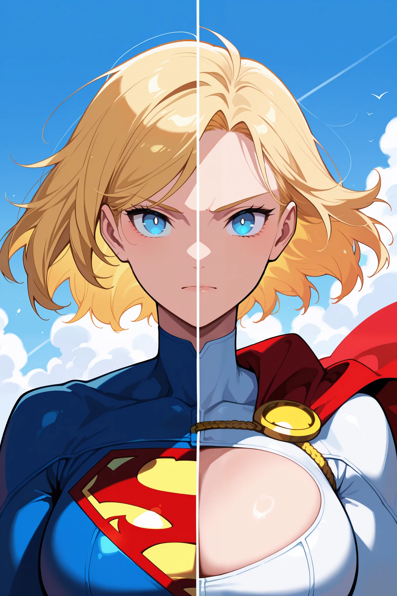 masterpiece, best quality, amazing quality, very aesthetic, newest,SplitScreen, split screen, upper body, 1girl, power girl, Supergirl,